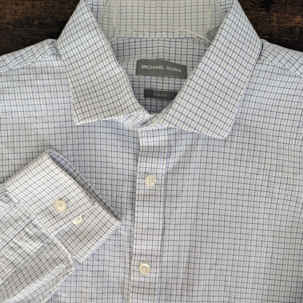 Michael Kors Button Up Shirt Blue White Grid Print Slim Fit XL 17 34/35 Classic